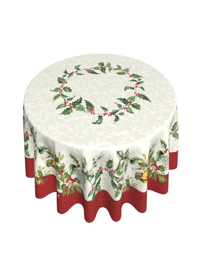 Sweetshow Merry Christmas Round Tablecloths 60 Inch Holiday Tablecloth Decor Winter Gold Green Table Cloth Polyester Fabric Season Outside Table Cover for Kitchen Outdoor Indoor Party - Image 1